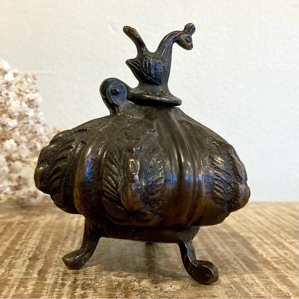 Vintage Ornate Footed Metal Inkwell with Rooster Lid